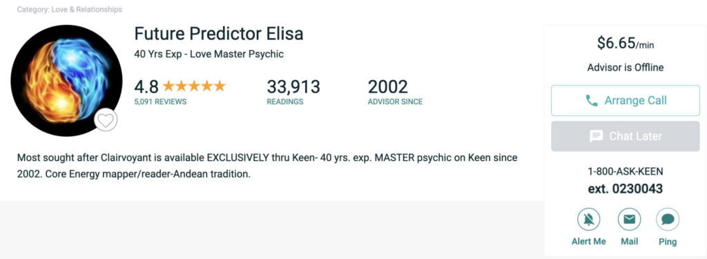 Future Predictor Elisa Psychic Profile at Keen.com