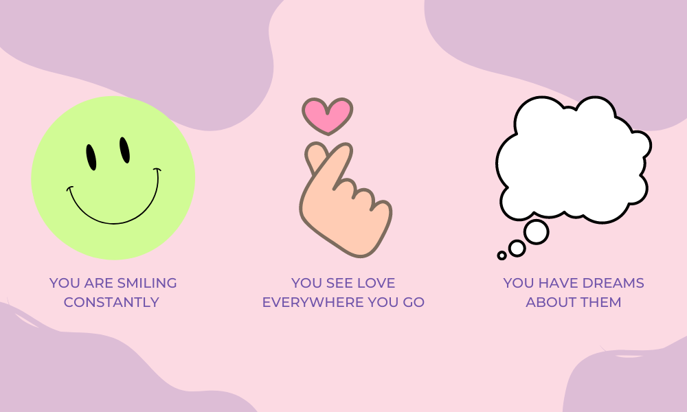 Signs your soulmate is thinking of you: You are smiling constantly, You see love everywhere you go, You have dreams about them.