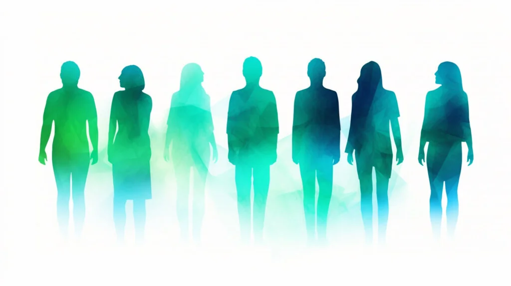 Human silhouette with Different Shades of the Blue Green Aura Color: Light Blue-Green, Bright Greenish Blue, Turquoise, Sea Green, Minty Blue-Green, Dark Teal/Cyan.