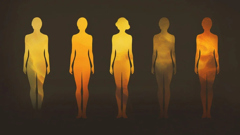 Human silhouette with Discovering Different Shades of Amber Auras: Lightest Shade, Medium Shade, Darkest Shade.